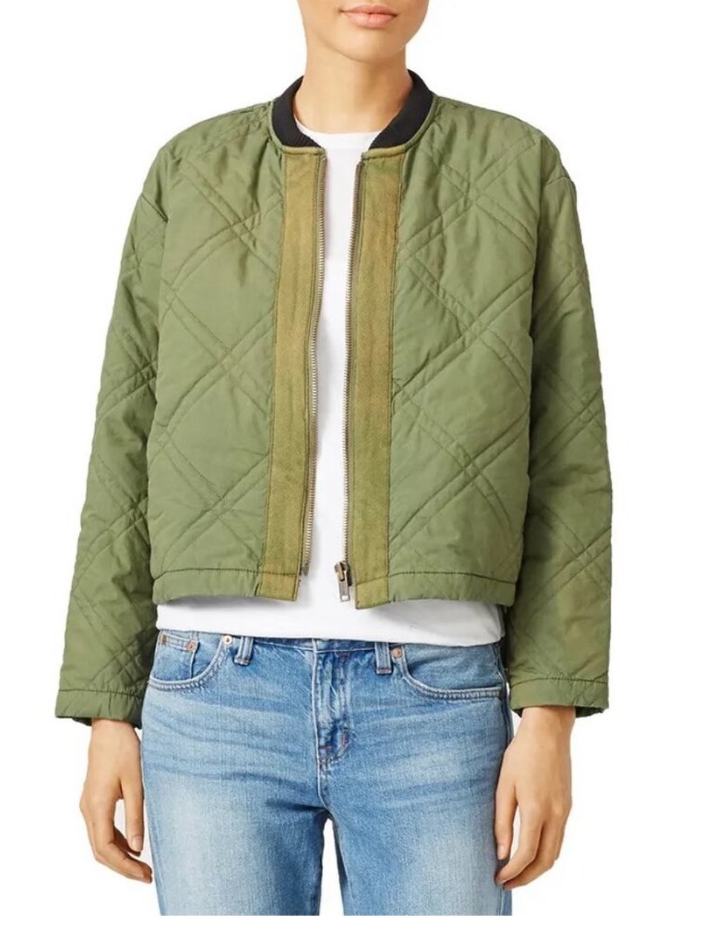 Free People Quilted Olive Army Green Bomber Jacket